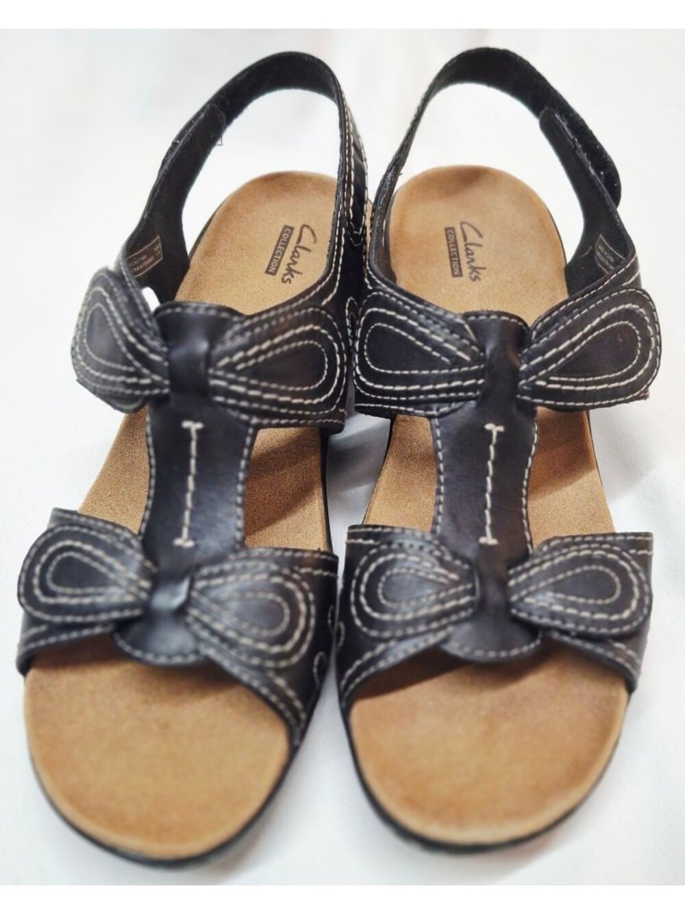 Clarks Womens Black Leather Sandals With Bow Detail Size 10M Comfortable & Styli
